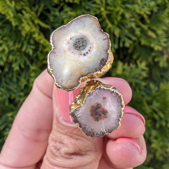 Artisan Handmade In Morocco Adjustable Boho Chic Double Geode Gold Ring Size 10 - Picture 3 of 8